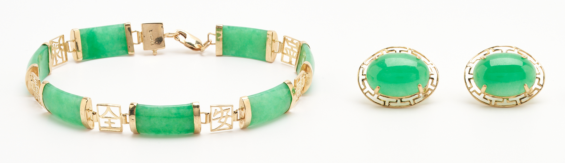 Lot 435: Jade & 14K Gold Bracelet with Earrings