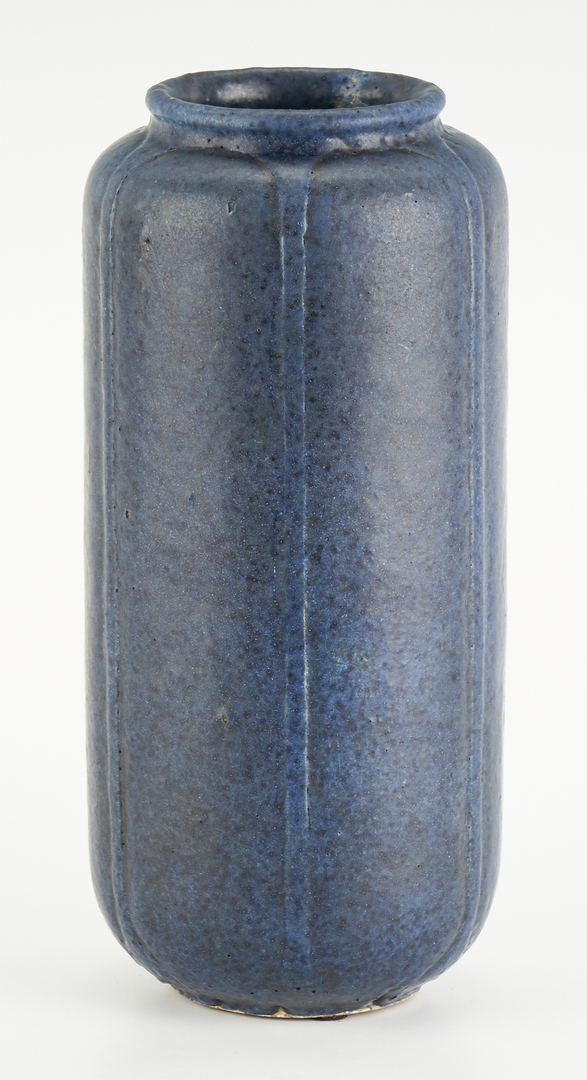 Lot 527: Grueby Art Pottery Blue Cylindrical Vase, CH Signed