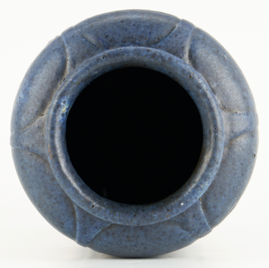 Lot 527: Grueby Art Pottery Blue Cylindrical Vase, CH Signed