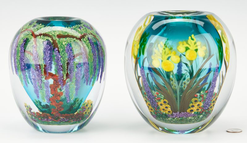 Lot 544: 2 Chris Heilman Art Glass Vases, Iris & Wisteria