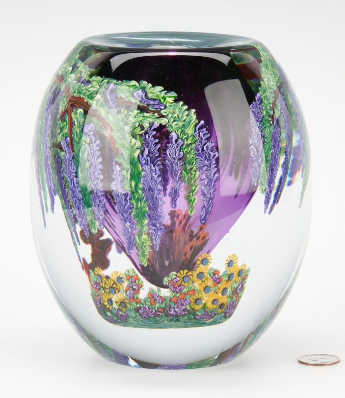 Lot 545: Chris Heilman Art Glass Vase, Wisteria and Garden