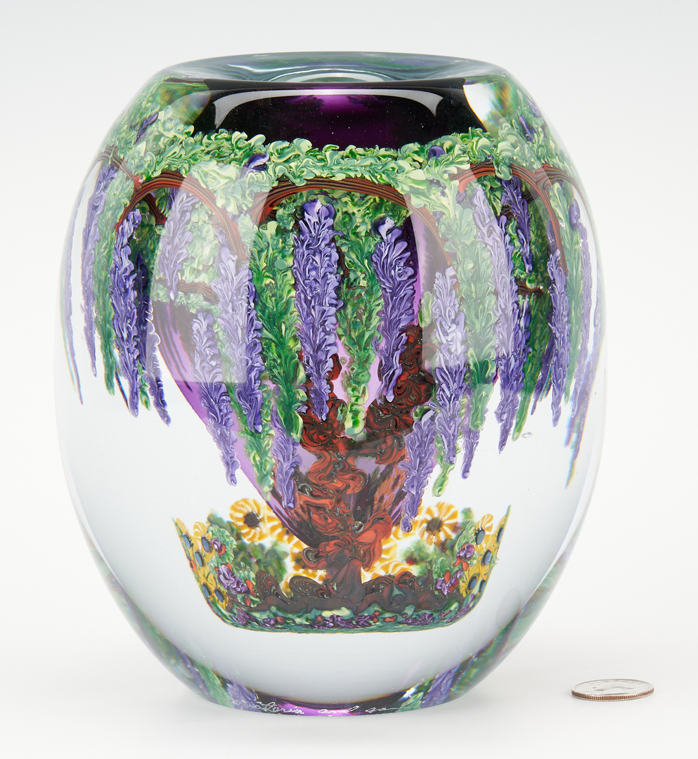 Lot 545: Chris Heilman Art Glass Vase, Wisteria and Garden