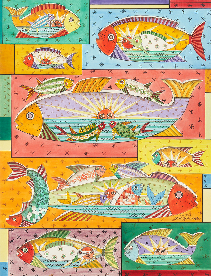 Lot 587: Viktor Schreckengost Watercolor, Fish Images