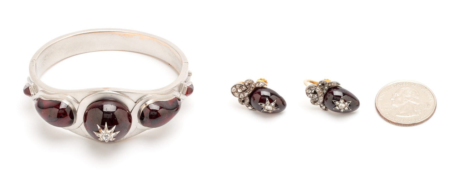Lot 59: Art Deco 14K Diamond & Garnet Bracelet & Earrings
