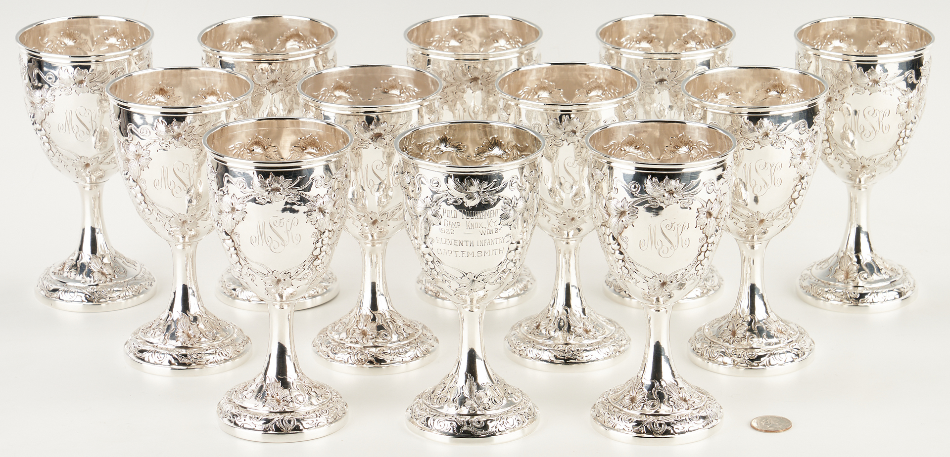 Lot 5: Set of 12 Chinese Export Sterling Silver Goblets, 11 marked Yu Chang