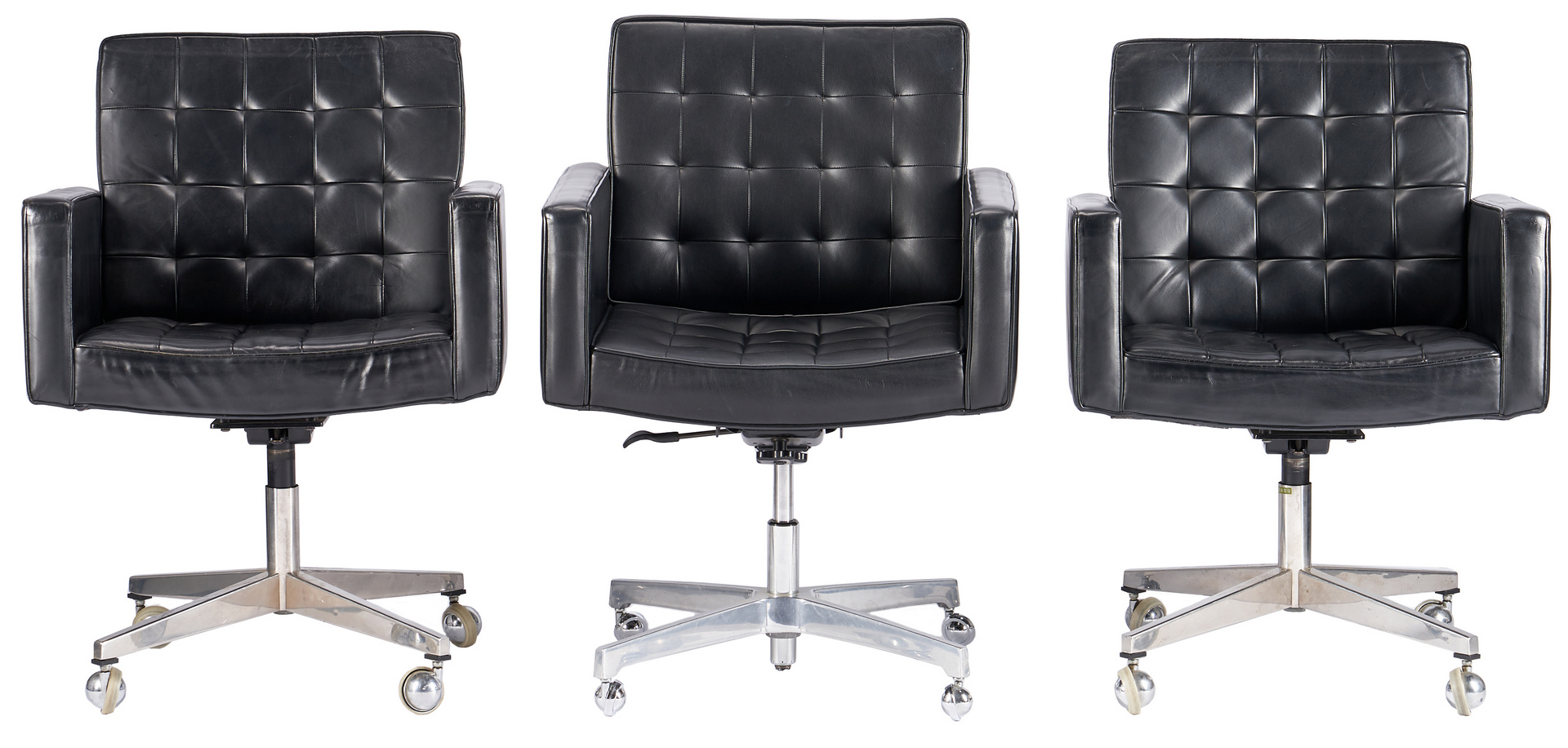 Lot 609: Set 12 Knoll Black Leather Swivel Chairs, Vincent Cafiero