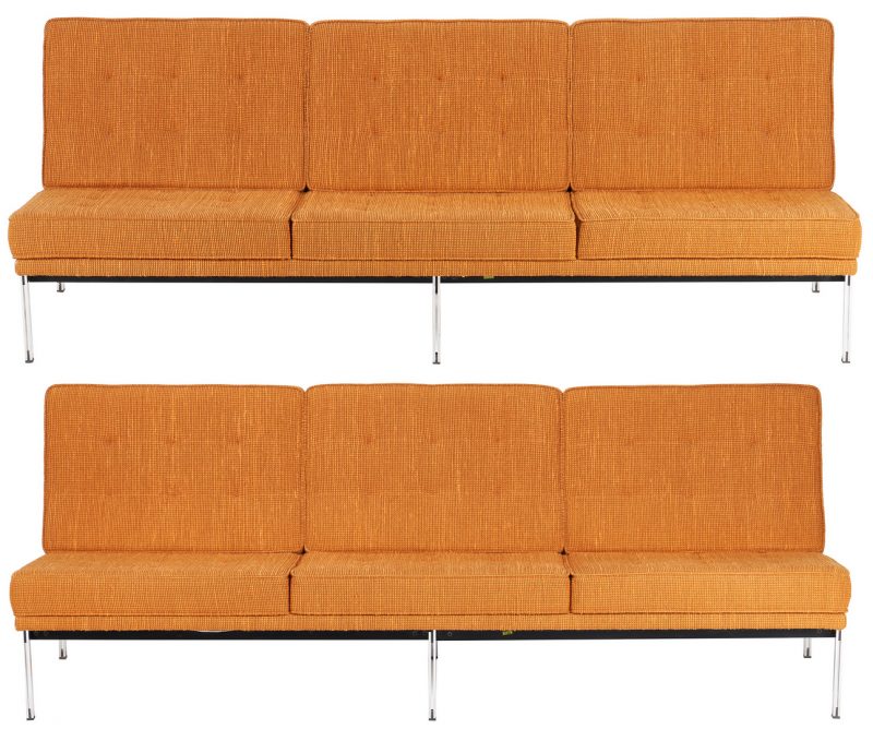 Lot 618: Pair of Mid Century Knoll Parallel Bar System Armless Sofas