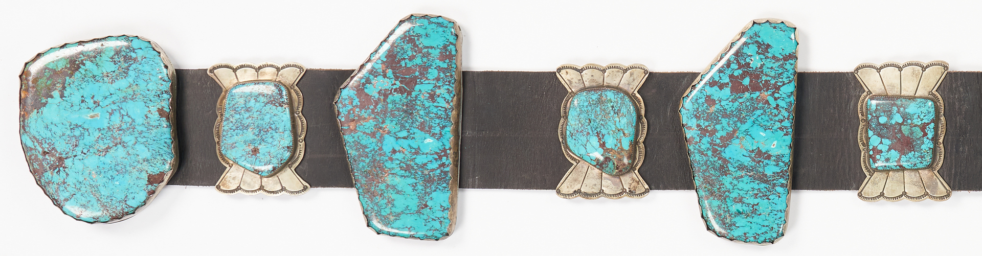Lot 632: Native American Sterling Silver, Large Turquoise Stone Concho Belt