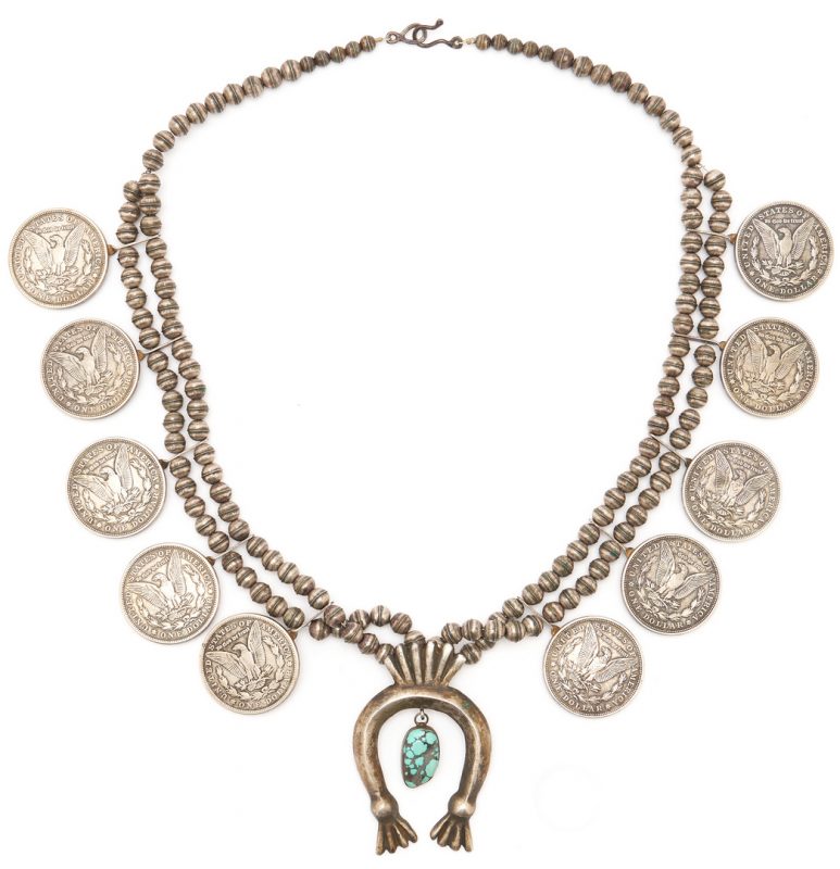 Lot 633: Turquoise Morgan Dollar Squash Blossom Necklace
