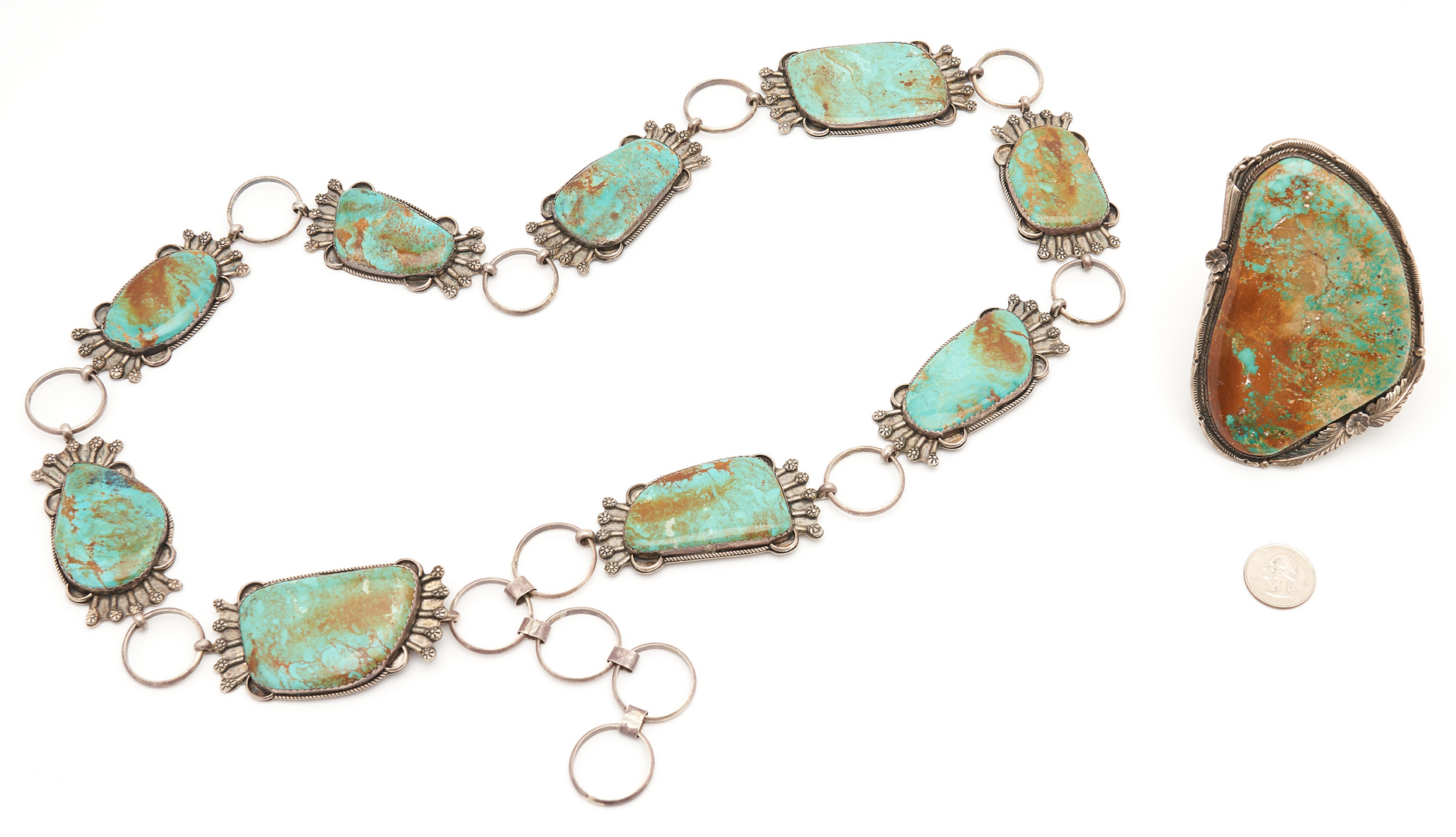 Lot 645: Native American Silver & Turquoise Belt and Cuff Bracelet