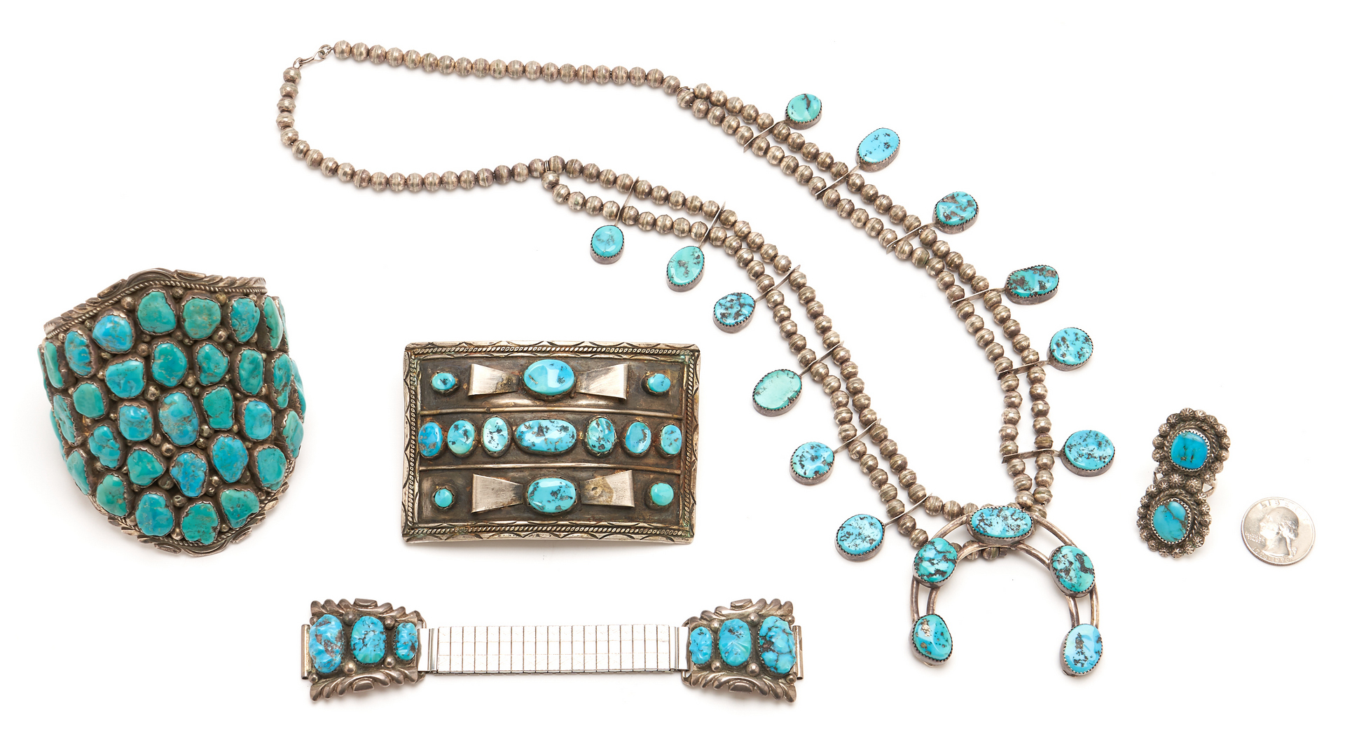 Lot 647: 5 Native American Silver & Turquoise Jewelry Items