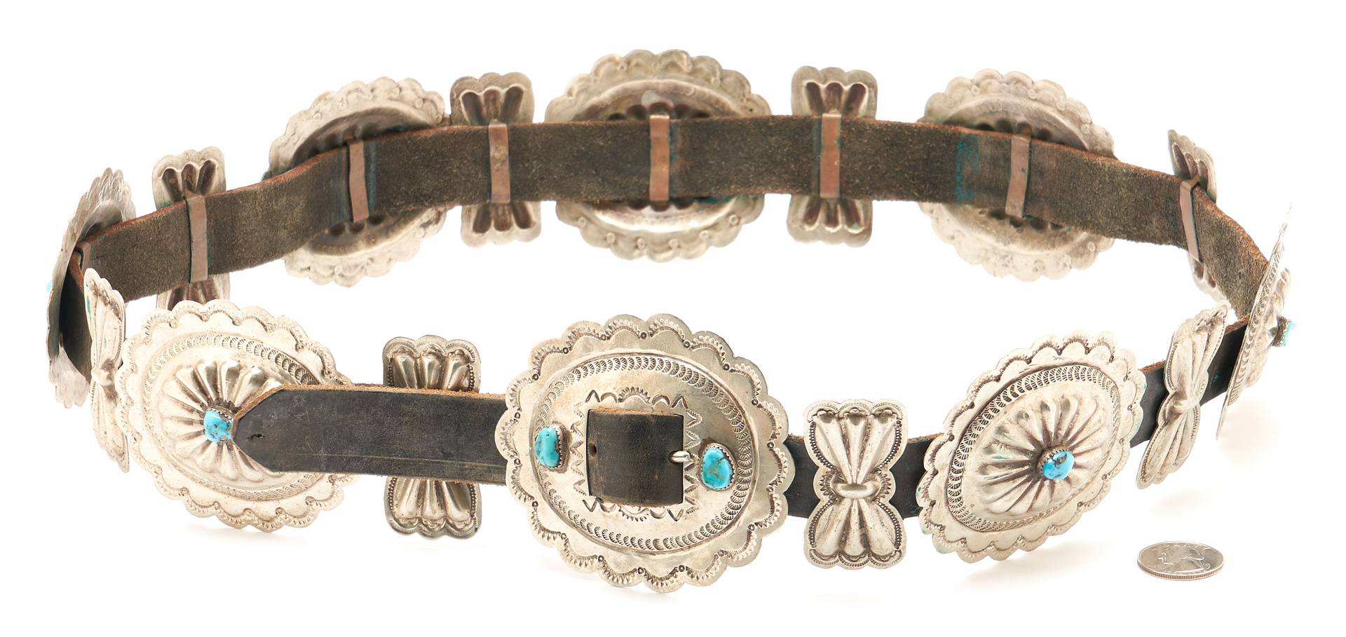 Lot 650:  2 Native American Sterling Silver & Leather Concho Belts