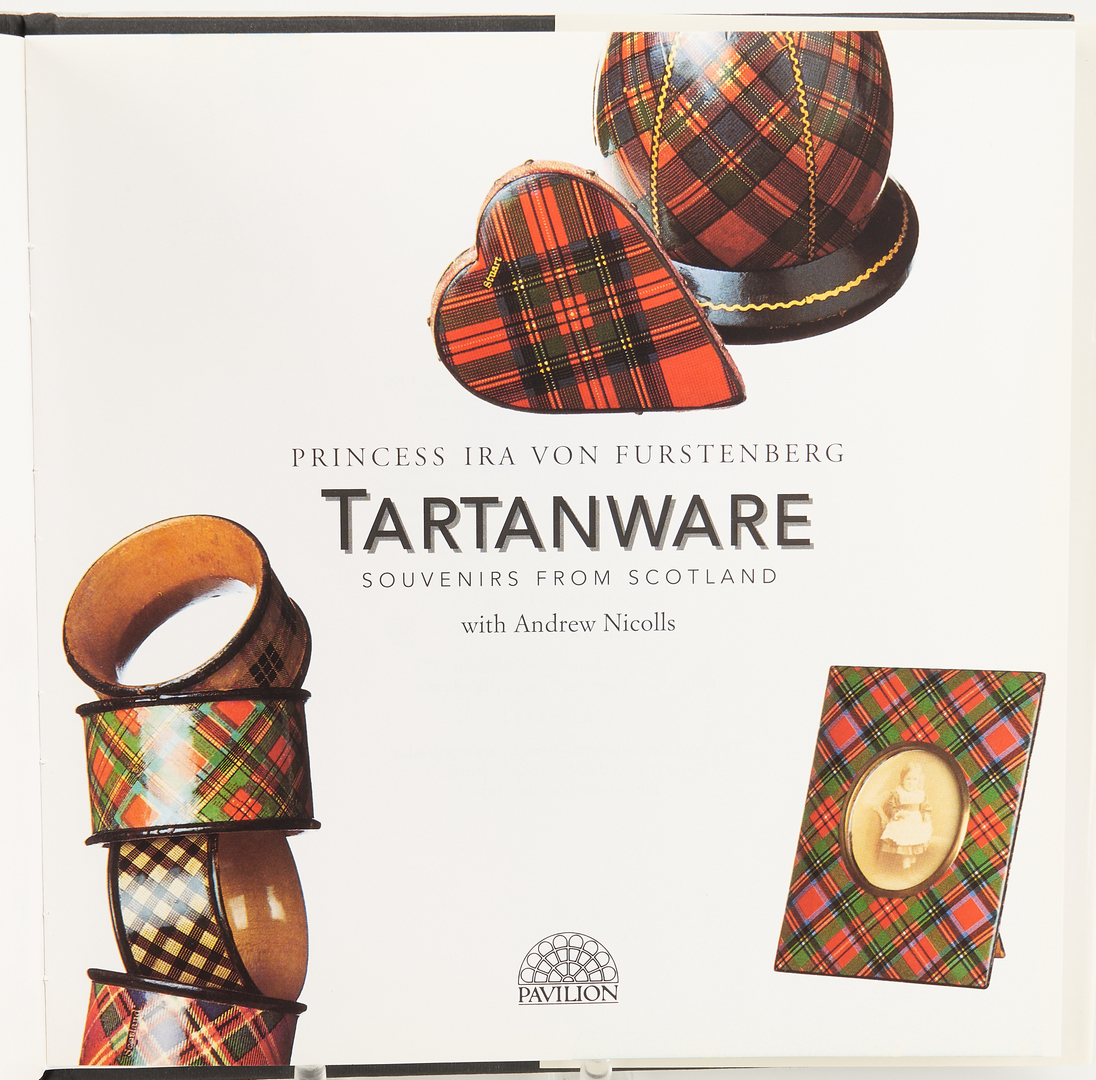 Lot 73: Pair Scottish Tartanware Spill Vases & Tartanware Book, 3 items