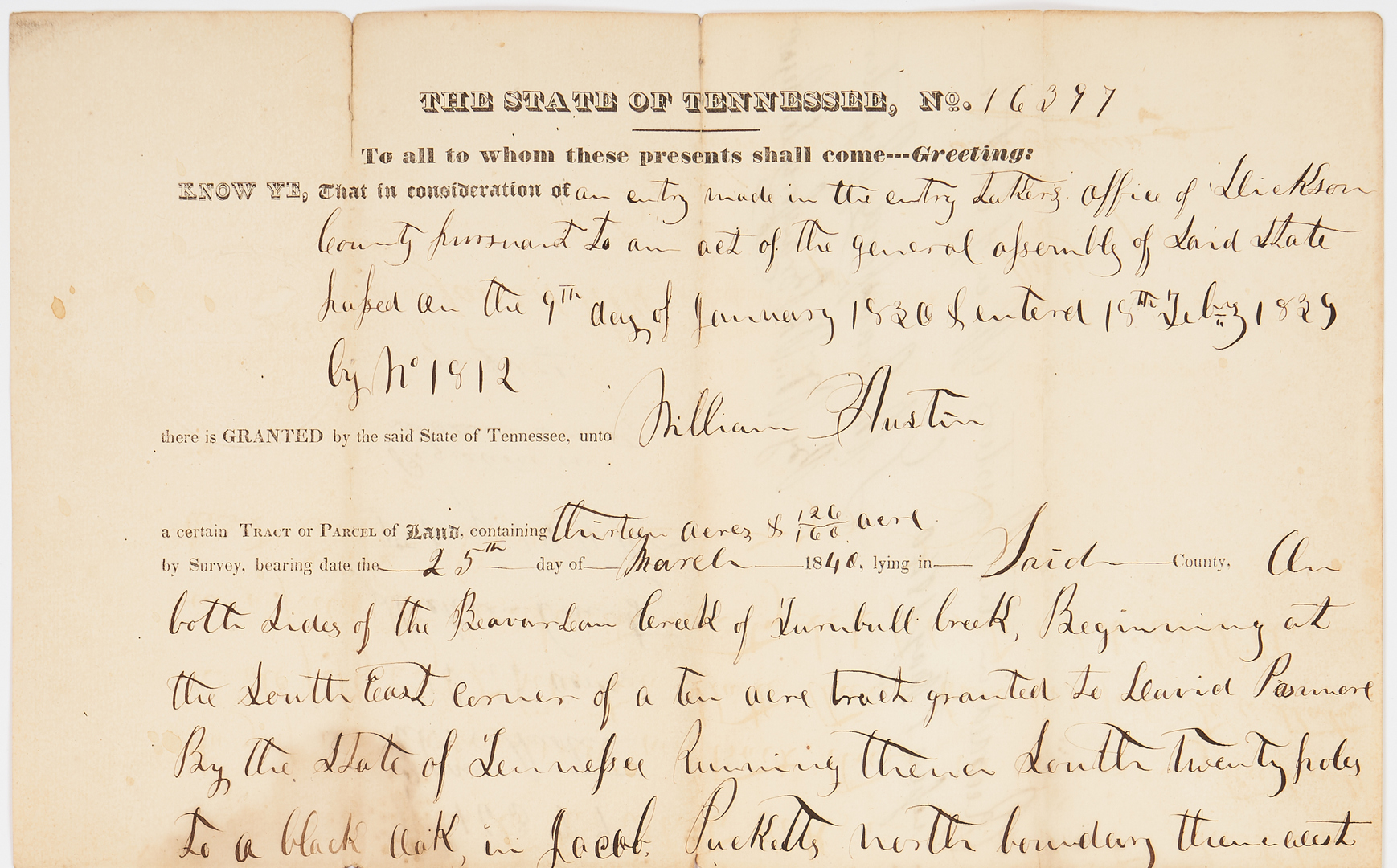 Lot 744: James K. Polk Signed Land Grant, 1840