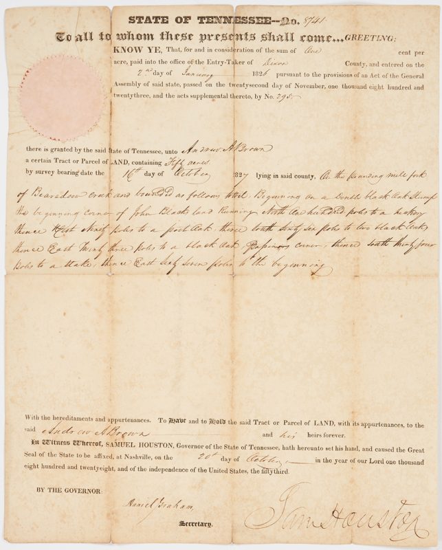 Lot 745: Sam Houston Signed Land Grant, 1827