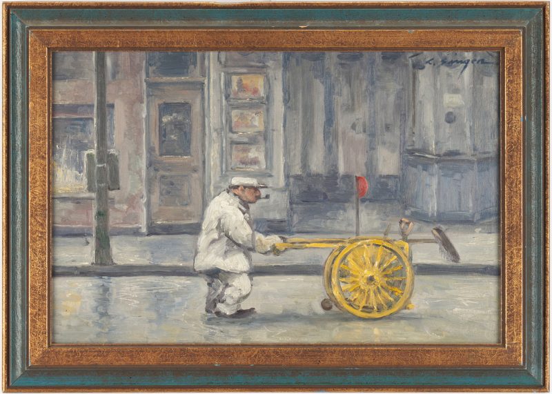 Lot 785: Clyde Singer O/B Painting, Street Cleaner
