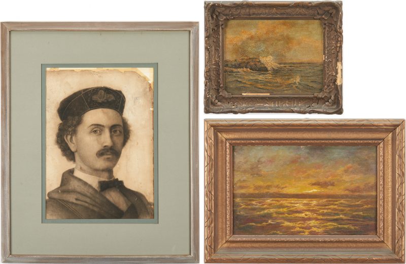 Lot 801: Edwin Gardner O/B Seascape Paintings plus Self Portrait Drawing, 3 items