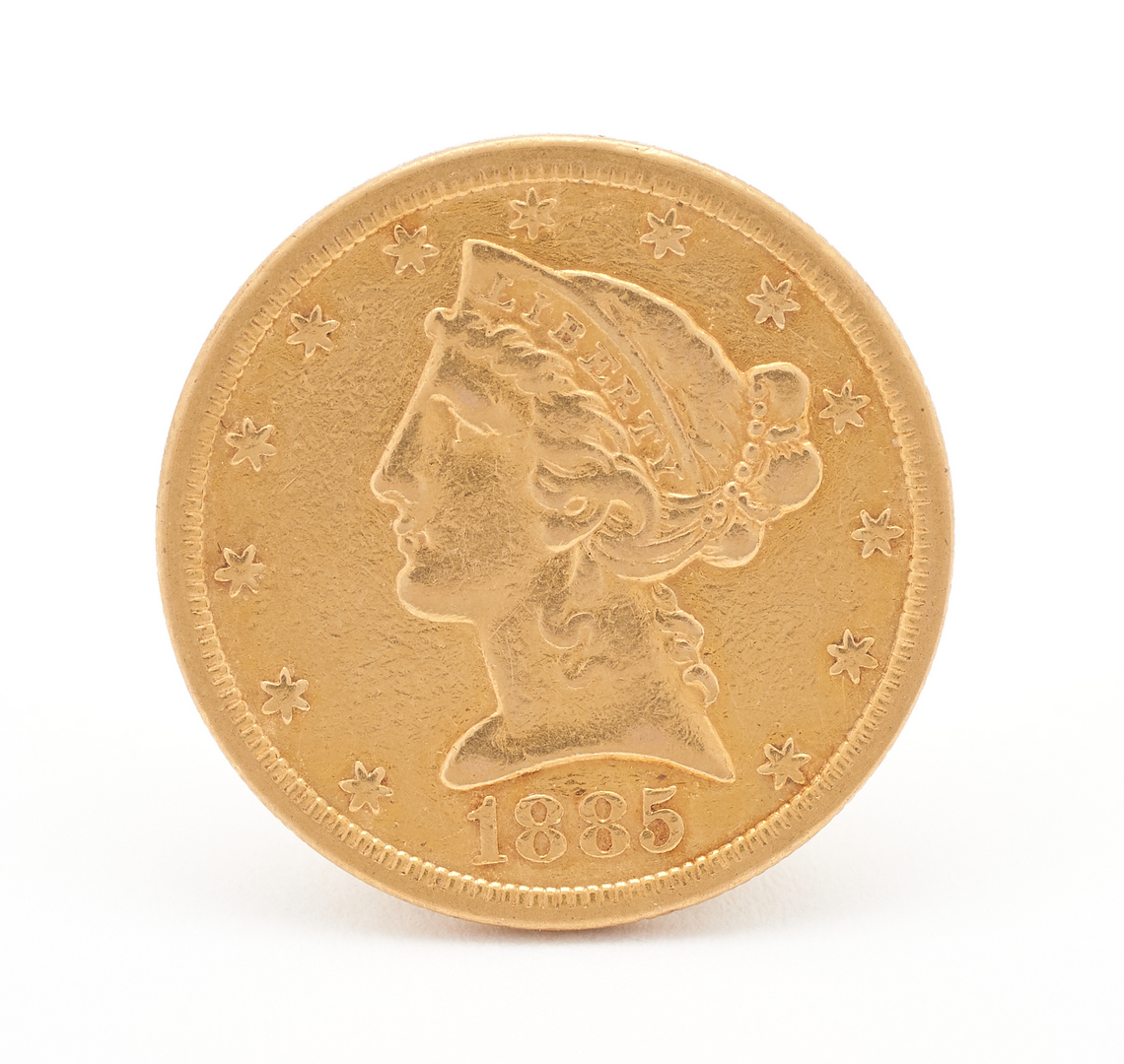 Lot 835: 2 $5 US Mint Gold Coins, incl. 1885 Liberty Head, 1986 American Eagle