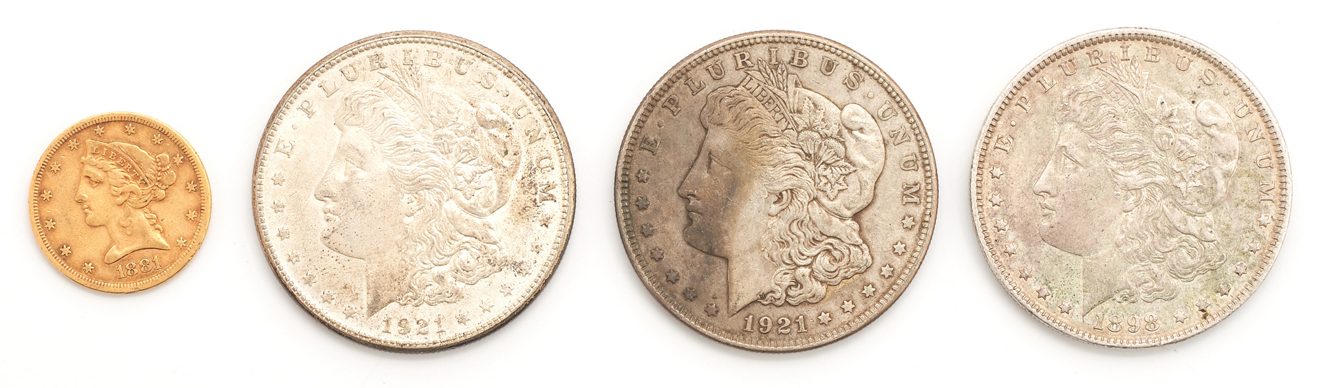 Lot 836: 1881 $5 Liberty Gold Coin & 3 Morgans, 4 items