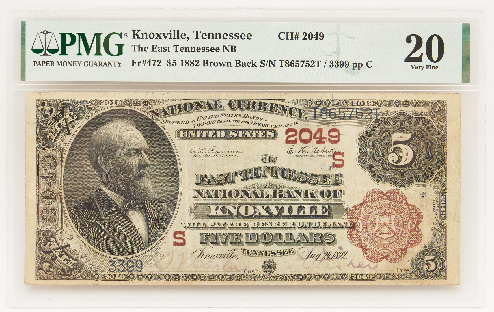 Lot 838: 1882 $5 Brown Back, The East Tennessee National Bank of Knoxville