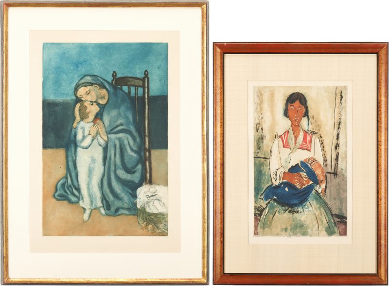 Lot 883: 2 J. Villon aquatints, Picasso and Modigliani, Mothers and Children