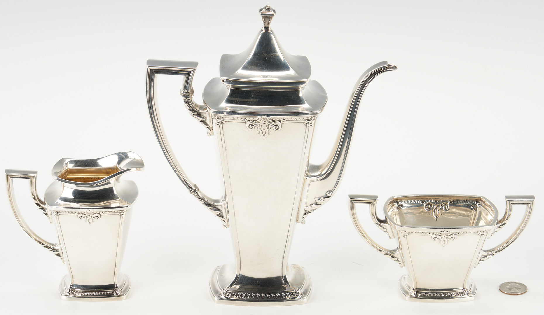 Lot 907: 3 Pcs. International Trianon Pattern Sterling Silver Tea Set