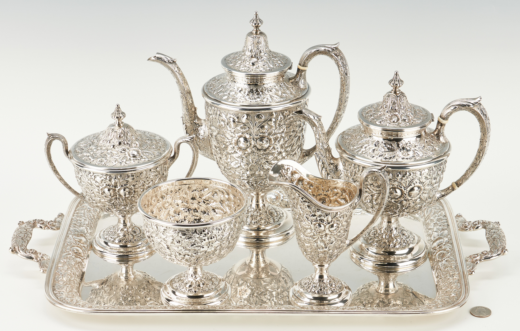 Lot 91: Baker Manchester Hand Chased Sterling Tea Set and Tray, 6 items