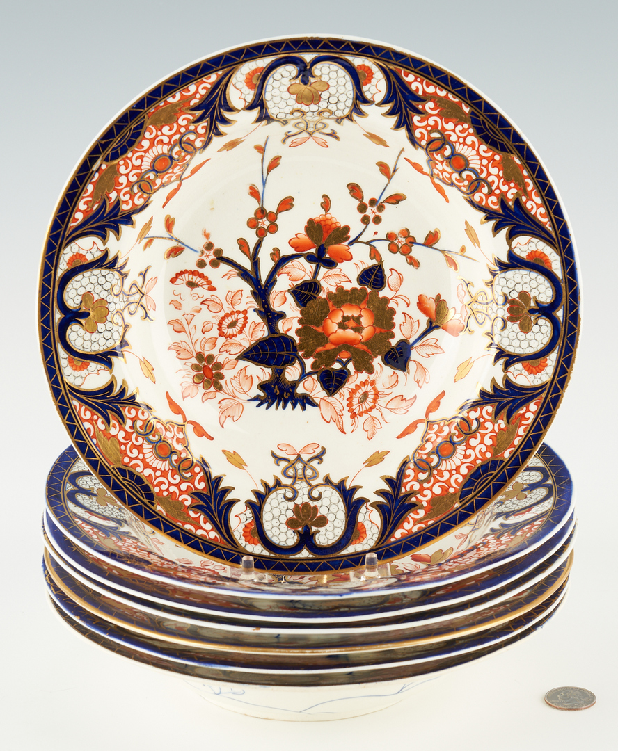 Lot 940: 7 Royal Crown Derby Porcelain Soup Plates, Imari Pattern