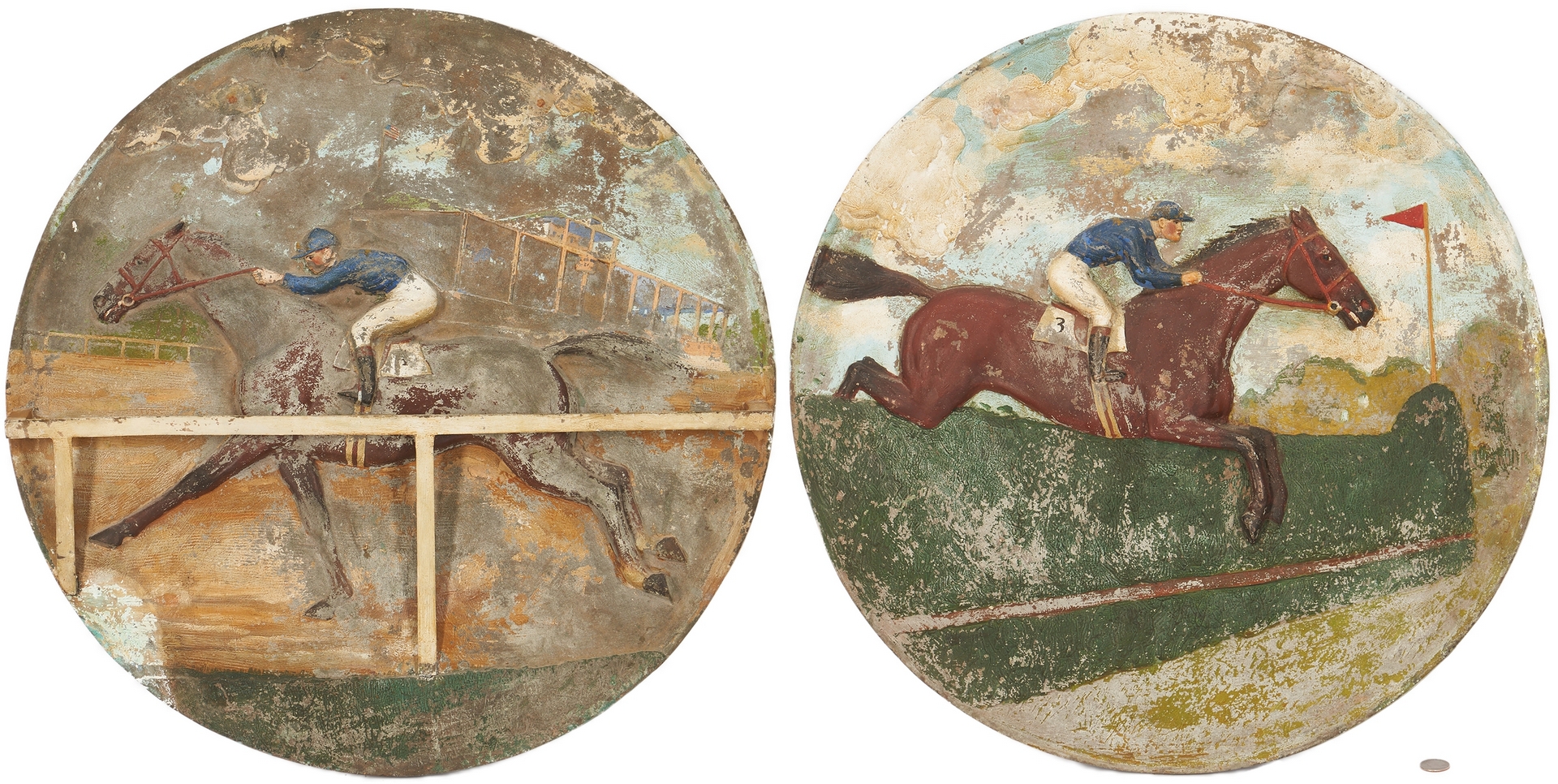 Lot 980: Pair of Antique Cast Iron Plaques, Jockeys w/ Racehorses