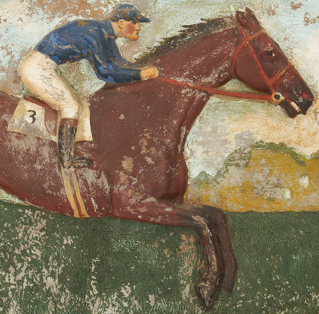 Lot 980: Pair of Antique Cast Iron Plaques, Jockeys w/ Racehorses