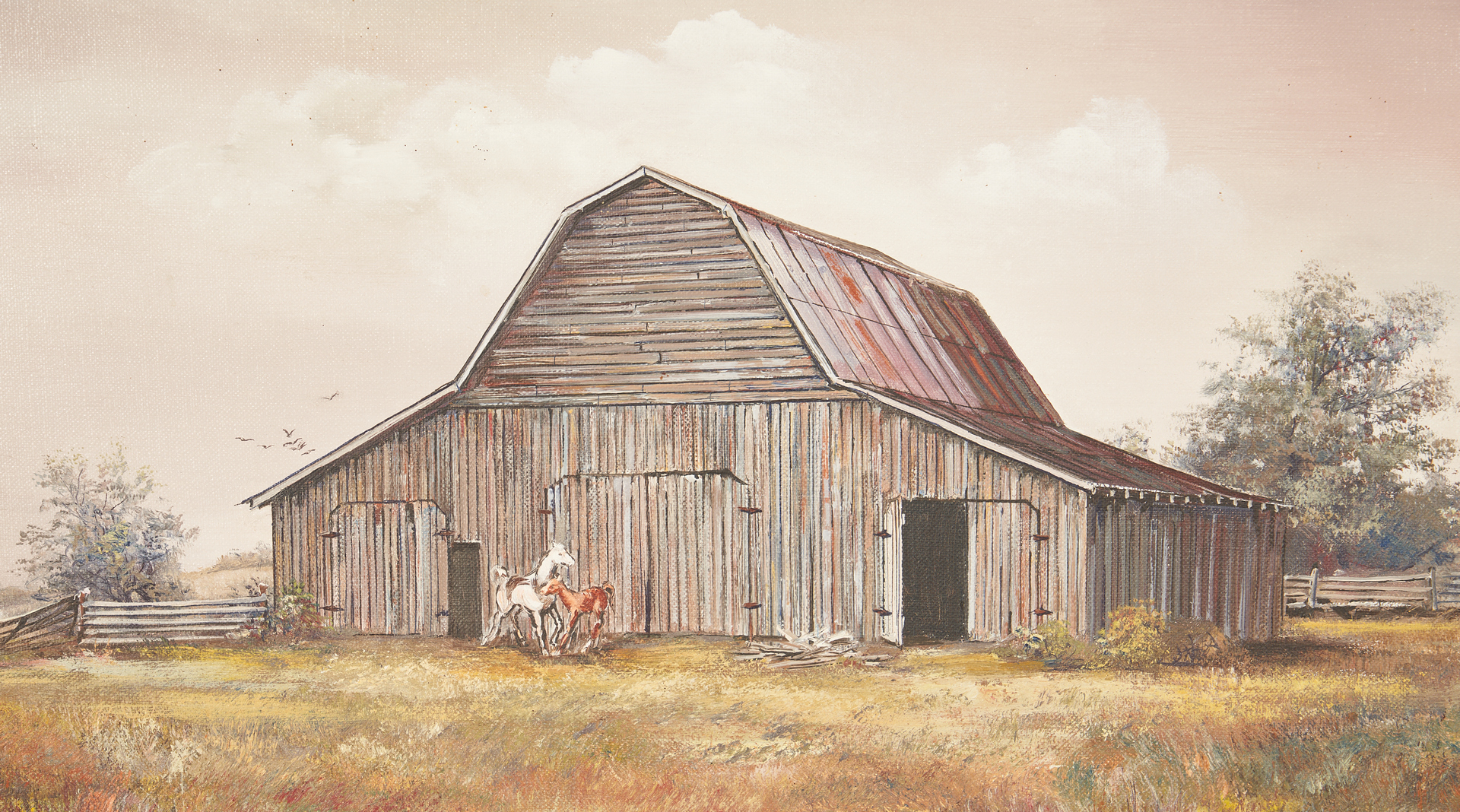 Lot 985: Marion Cook, Barn w/ Horses O/C Painting