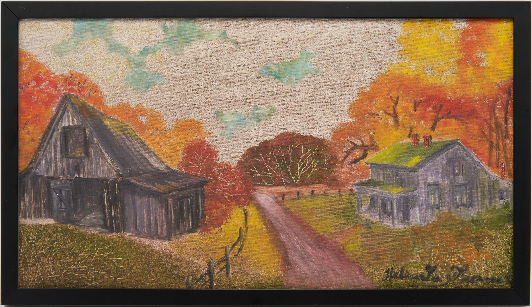 Lot 106: Helen LaFrance O/B Painting, Autumn Landscape with Farmhouses