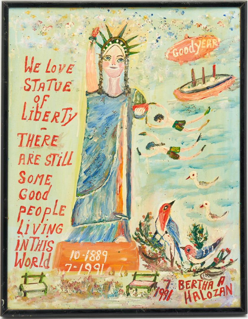 Lot 108: Bertha Halozan Outsider Art Painting, Statue of Liberty