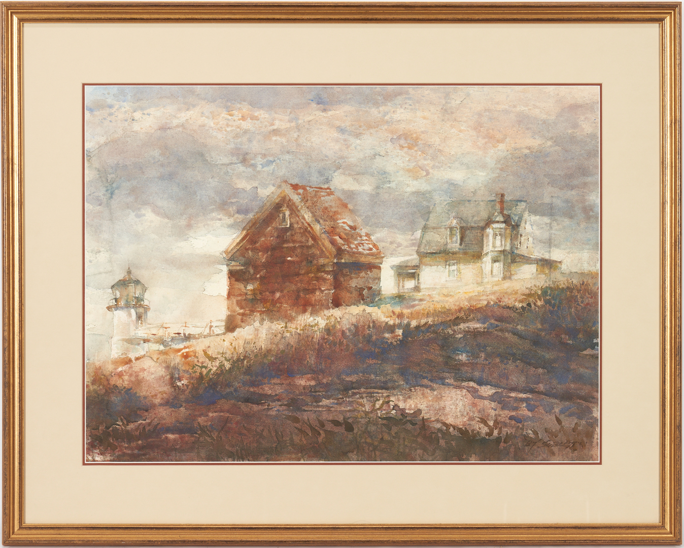 Lot 118: Carl Sublett W/C Painting, Light House & Houses on a Hill