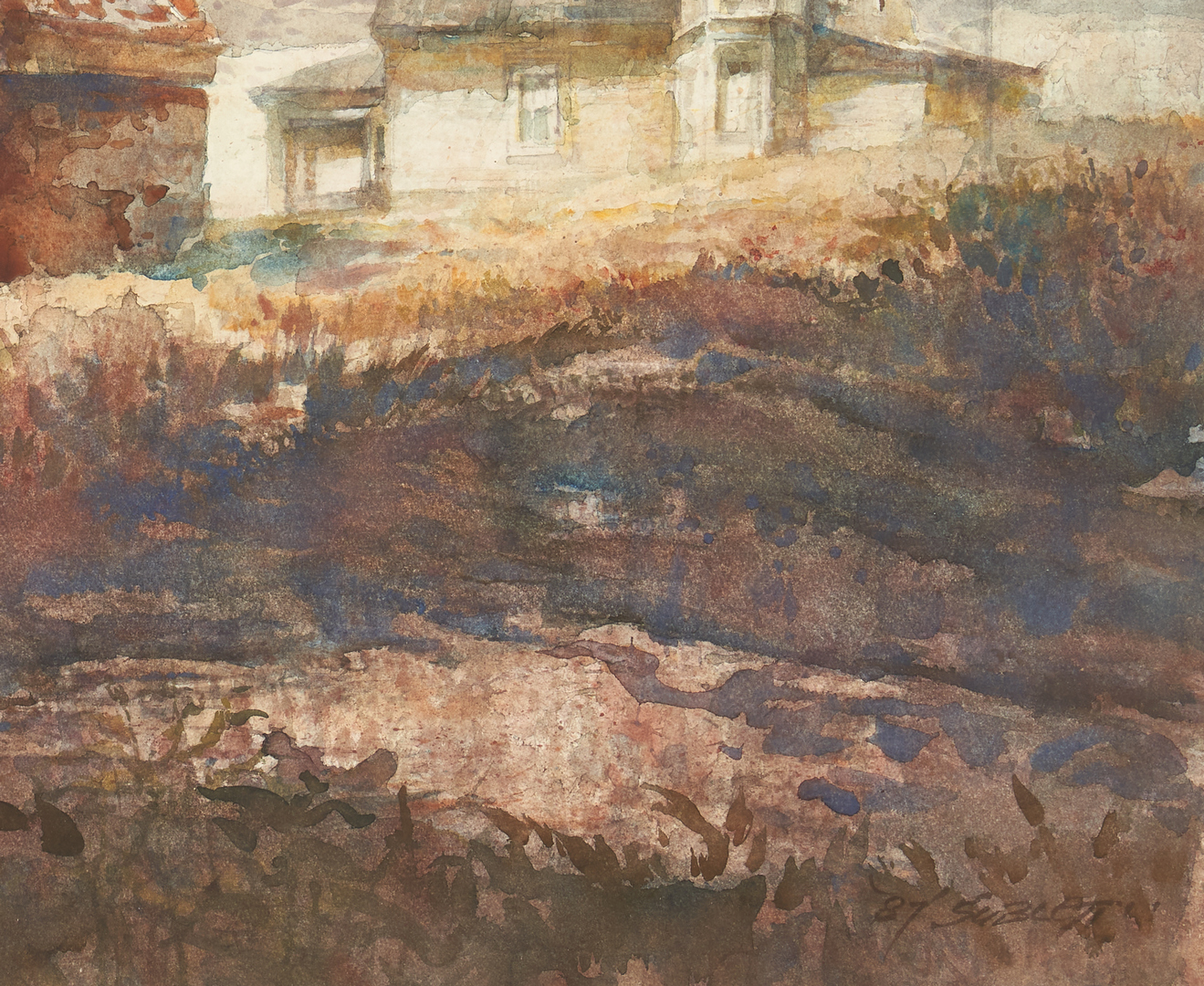 Lot 118: Carl Sublett W/C Painting, Light House & Houses on a Hill