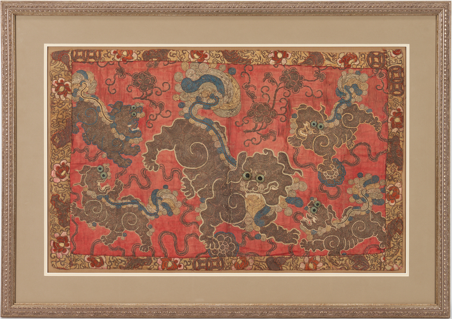 Lot 13: Framed Chinese Embroidered Textile of Temple Lions or Foo Dogs