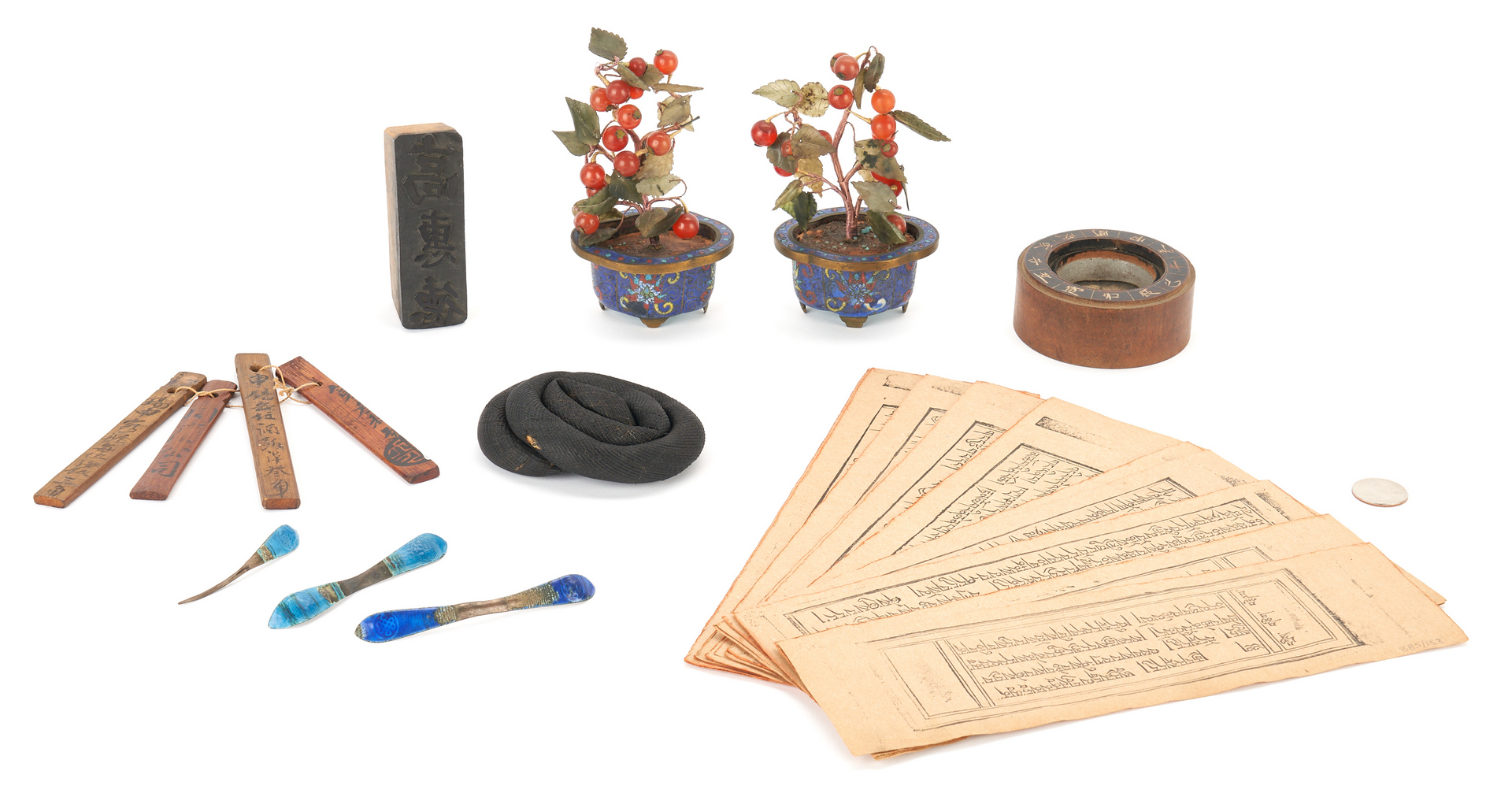 Lot 15: 10 Asian Assorted Items, Incl. Hardstone Trees and Silver Hairpins