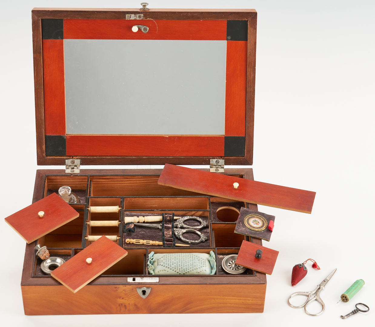 Lot 170: 2 19th C. Wooden Boxes, incl. Sewing Kit & Bone Tools
