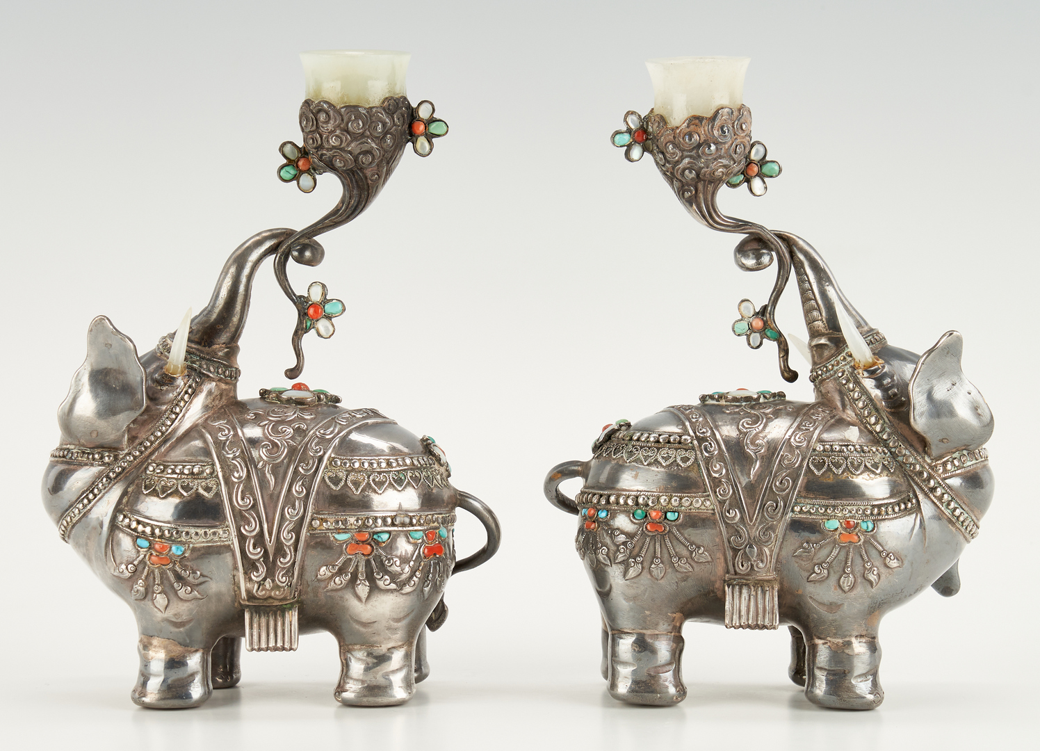 Lot 1: Pair of Chinese or Tibetan Silver Elephant Candleholders & Tibetan Brass Foo Dog Bottle