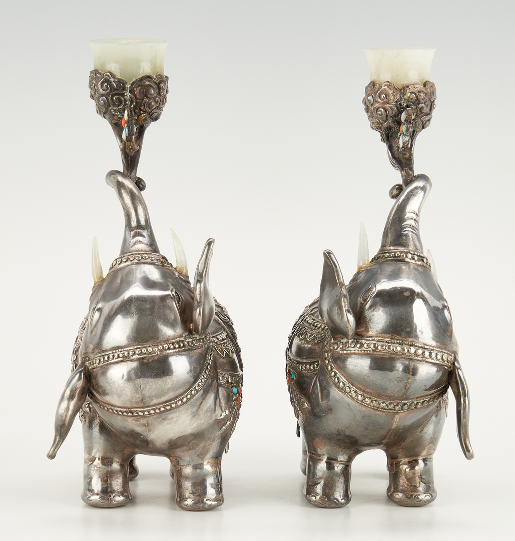 Lot 1: Pair of Chinese or Tibetan Silver Elephant Candleholders & Tibetan Brass Foo Dog Bottle