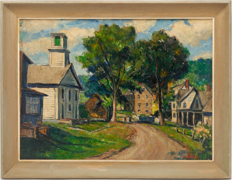Lot 201: William Fisher O/C, Plymouth, VT Street Scene with Coolidge House