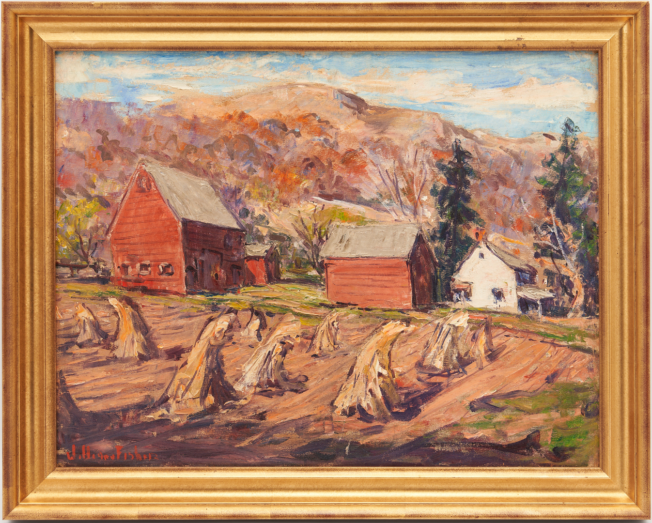 Lot 202: William Fisher O/C Painting, Fall Landscape with Farmhouses