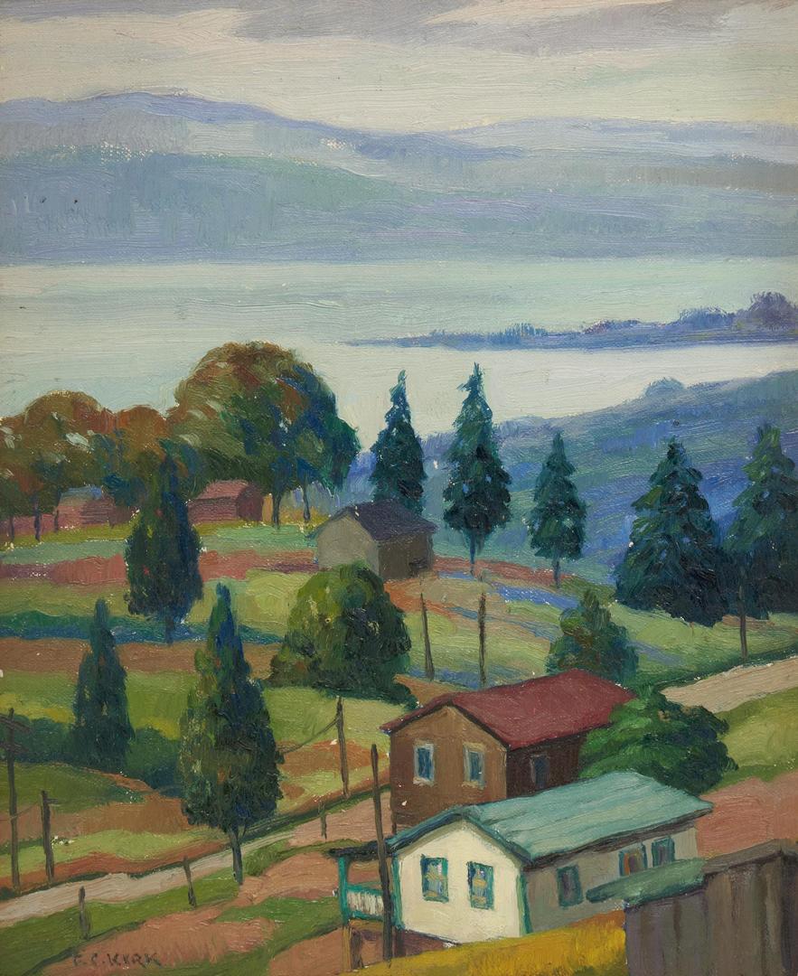 Lot 207: Frank Cohen Kirk O/B Painting, Houses in a Landscape