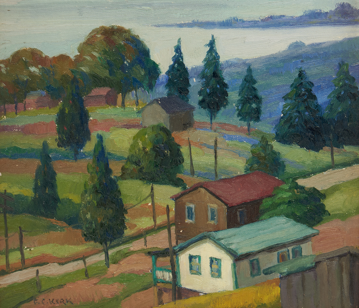 Lot 207: Frank Cohen Kirk O/B Painting, Houses in a Landscape