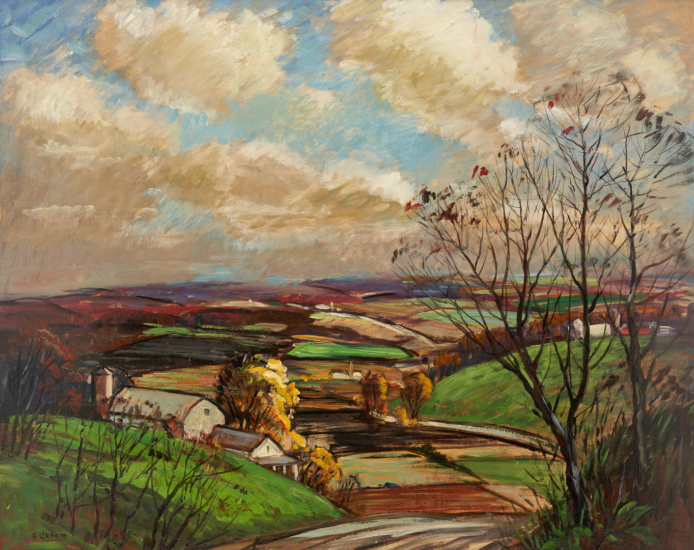 Lot 213: Emily Parker Groom O/B Painting, Landscape with Farmhouses
