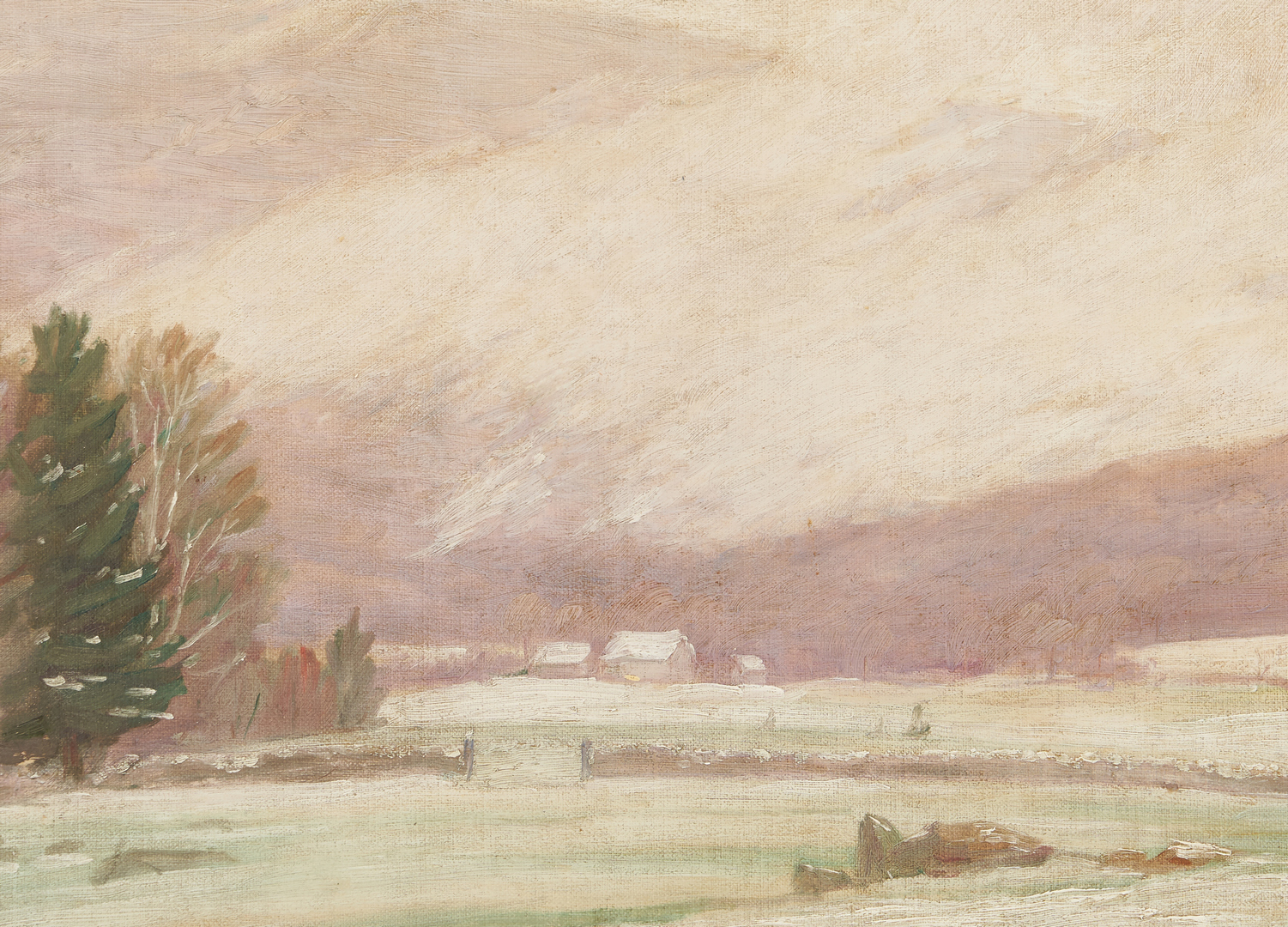 Lot 214: Andrew Thomas Schwartz Oil Painting, Winter Landscape with Farmhouses