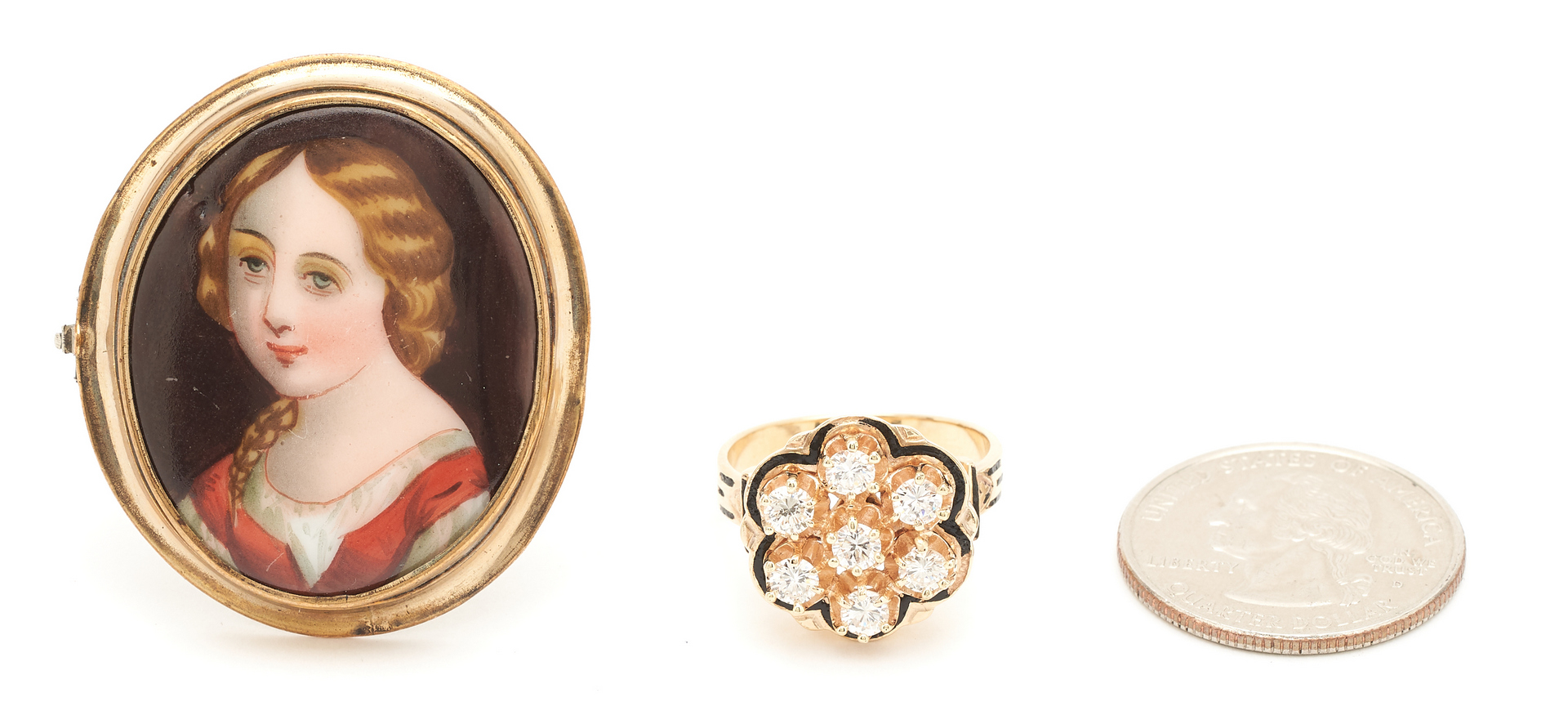 Lot 24: 14K Antique Cluster Diamond Ring & Porcelain Portrait Bust Brooch