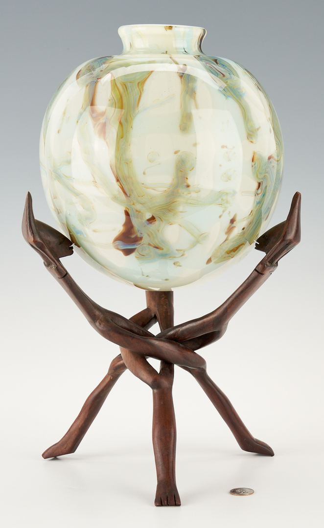 Lot 253: Craig Howell Art Glass Vase w/ African Wood Stand