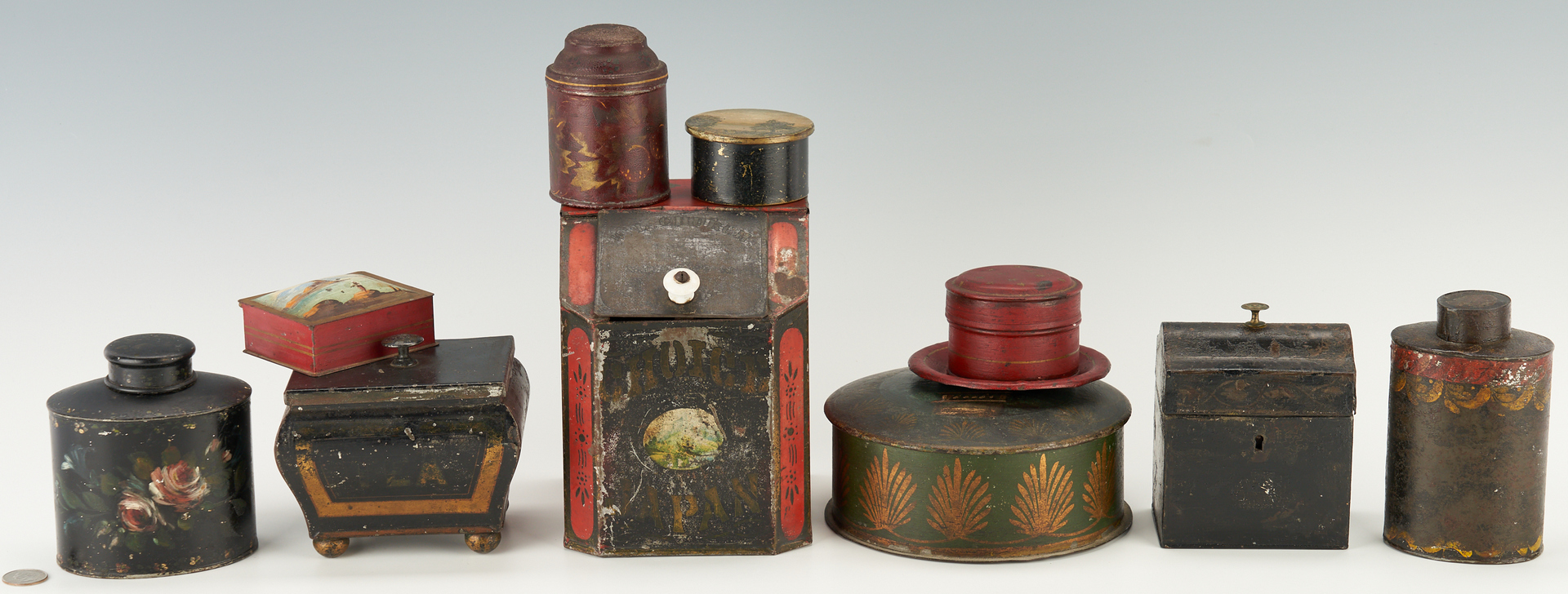 Lot 265: 11 Toleware Containers, incl. Tea Caddies