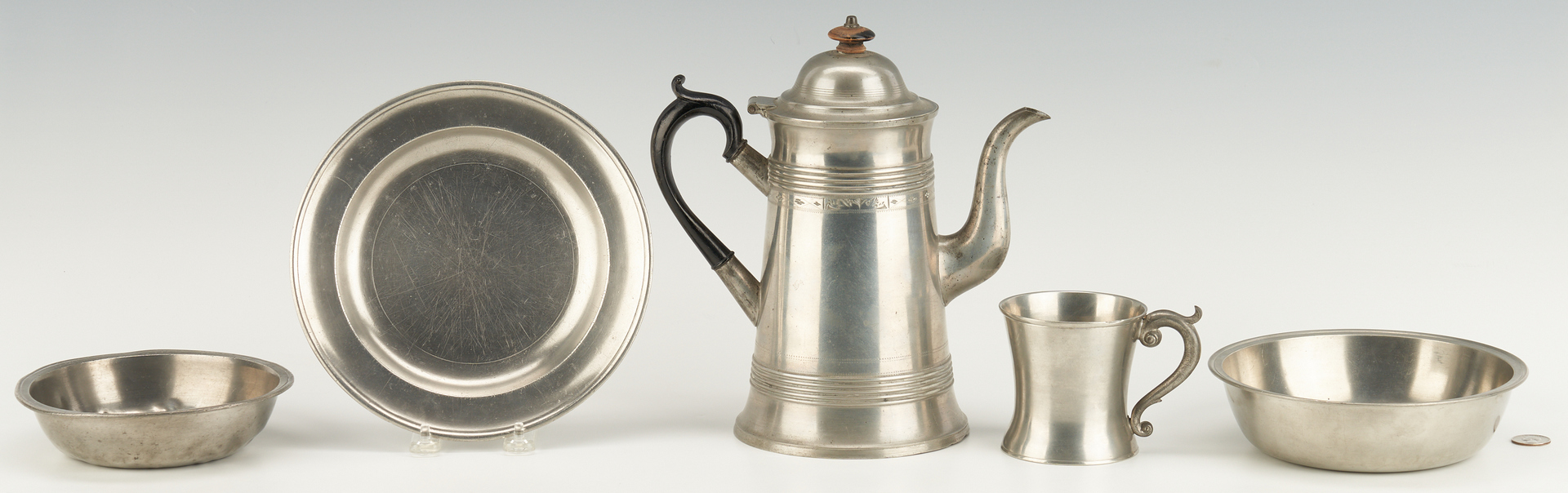 Lot 270: 5 American Pewter Items, incl. Israel Trask Coffeepot